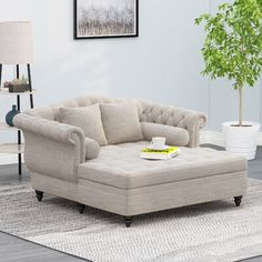 a living room scene with focus on the couch and ottoman