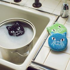 one sponge in a pot of soapy water and the other two colors sitting on the counter next to the sink Cat Kitchen, Morning Cat, Scrub Sponge, Tom Y Jerry, Cat Things, Kitchen Sponge, Cat Cafe, Unique Cats, Cat Themed