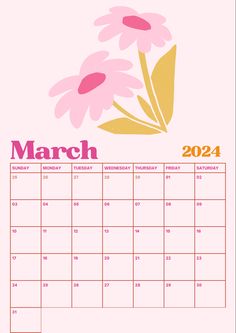 a march calendar with pink flowers on it