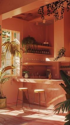 the sun shines through the window into a room filled with potted plants