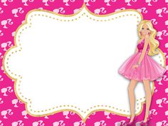 a barbie doll is standing in front of a pink and white background with an ornate frame