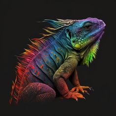 an iguana with multicolored feathers on it's head and tail