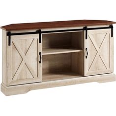 an entertainment center with sliding doors and a wooden top