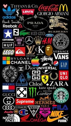 many different logos are shown in this graphic art print on black paper, including the starbucks logo and other famous brands