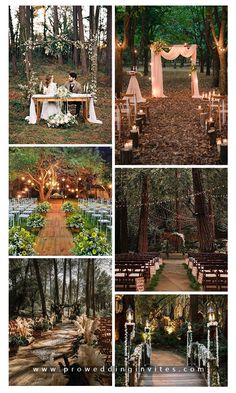 the wedding venue is surrounded by trees and decorated with white flowers, candles, and greenery