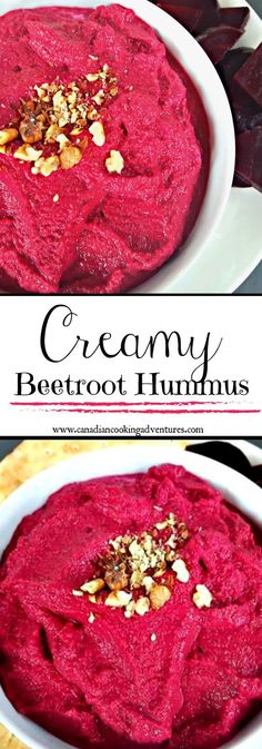 a bowl filled with beetroot hummus and topped with nuts