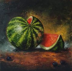 a painting of two watermelons on a table