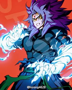 an anime character with purple hair and blue eyes, holding his arms out in the air