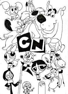 cartoon characters with the letter c in black and white, including an animal holding a sign