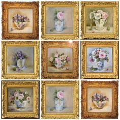 nine framed pictures of flowers in vases