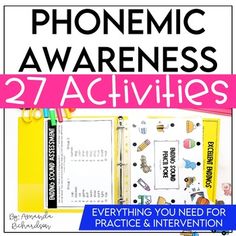 a book cover with the words, phonemic awareness activities and an image of a binder