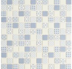 a blue and white tile wallpaper with squares, dots and crosses on the tiles