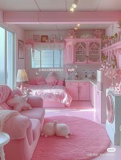 a pink room with lots of furniture and decor on the walls, floor, and ceiling