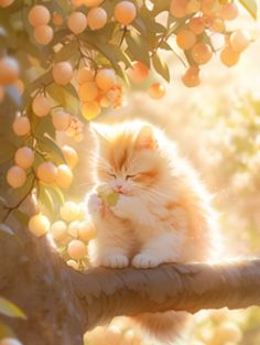 an orange and white cat sitting on top of a tree branch next to some fruit