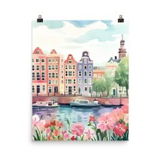 a watercolor painting of boats on the river in front of some buildings and flowers