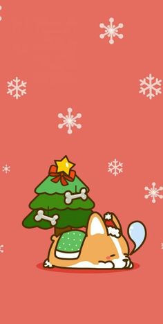 a cartoon dog sleeping next to a christmas tree on a pink background with snowflakes