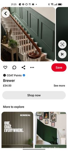 an instagram page with photos and captions on the bottom right hand corner, below which is a green painted stair case