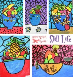 four pictures of different types of fruit in blue and green bowls with words that read deep space still life