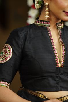 Black raw silk chinese collar blouse with jadau mandala design Raw Silk Blouse, Blouse With Collar, Blouse Designs High Neck, Blouse Designs Catalogue, New Saree