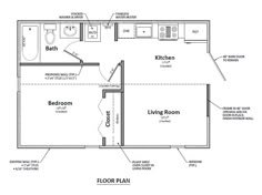 a floor plan for a small house with two bathrooms and an attached living room area