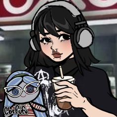 a girl with headphones holding a drink