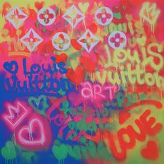 a painting with lots of graffiti on it and the words love is written in different colors