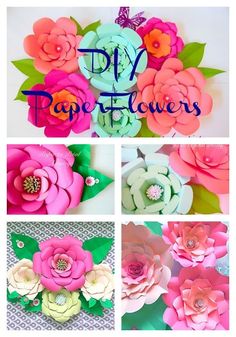 flowers made out of paper are shown in four different colors and sizes with the words diy paper flowers on them