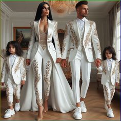 a man and woman in white outfits standing next to each other with two children on their lapels