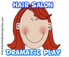 a woman with red hair is smiling and has the words, hair salon dramatic play on it