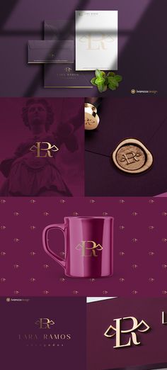 purple and gold logo mockups with the letter r on them, along with an image of