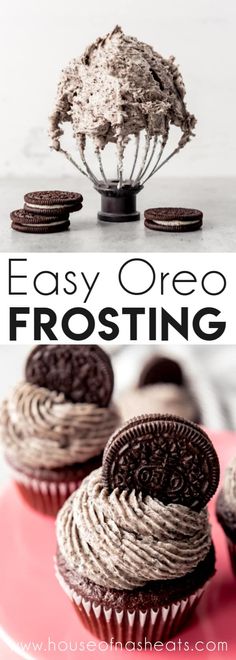 chocolate cupcakes with oreo frosting on top and the words easy oreo frost