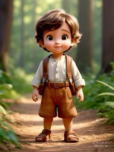 a little boy is standing on a dirt path in the woods with trees and grass behind him