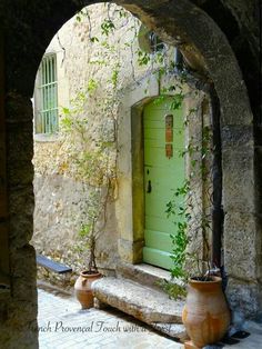 an arched doorway leading to a green door with potted plants on the outside wall