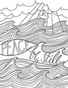 a coloring page with the word peace on it and waves in the ocean behind it