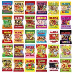 many bags of various flavored candy are shown in different colors and flavors, with the words harbo written on them