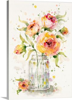 a watercolor painting of flowers in a glass vase on a white background with yellow and red spots