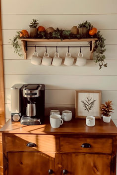 30 Creative Farmhouse Coffee Bar Ideas for DIY Enthusiasts Diy Pantry With Coffee Bar, Coffee Cart Office, Countertop Bar Ideas Small Spaces, Shelf Above Coffee Bar, Tea Spot In Kitchen, Pie Safe Coffee Bar, Small Table For Coffee Station, Vintage Farmhouse Coffee Bar, Coffee Bar Cottagecore