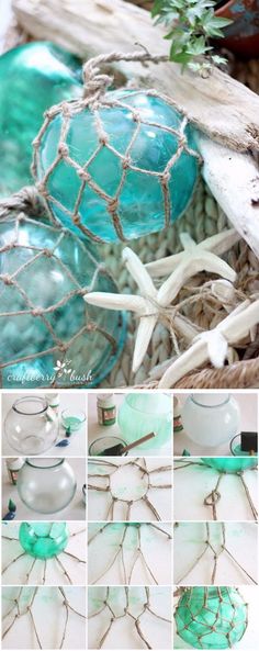 some blue glass balls in a basket with starfish and seaweed on the beach