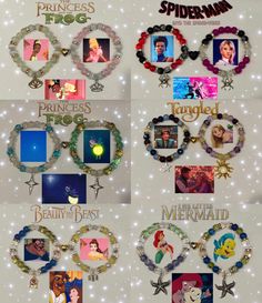 disney princesses and their names are shown in this collage with lights on the wall