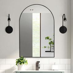 a bathroom with a mirror, sink and potted plant