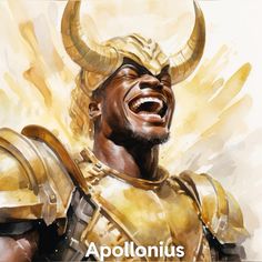 an artistic painting of a man in armor with horns on his head and the words apollonisus above it