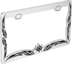 a metal license plate with an intricate design on the front and back side, in black and white