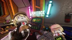 an animated video game with two people in front of a jukebox sign and neon lights