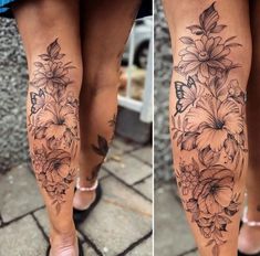 the legs and ankles of a woman with flowers on them, both showing their tattoos