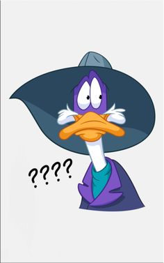 a cartoon duck wearing a large hat with question marks on it's forehead and nose