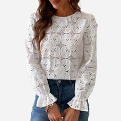 Read reviews and buy Women's Long Sleeve Embroidered Floral Eyelet Blouse Shirt- Cupshe at Target. Choose from contactless Same Day Delivery, Drive Up and more. Pretty White Blouse, Women’s Blouses, Lace Tops For Women Classy, Outfit Layering, White Eyelet Top, White Eyelet Blouse, Women Fall Tops, Ladies Tops Blouses, Trumpet Sleeves