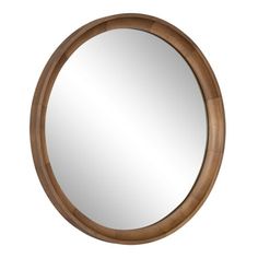 a round mirror with wooden frame on a white background, it's reflection in the mirror