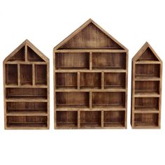 three wooden shelves with multiple compartments on each shelf