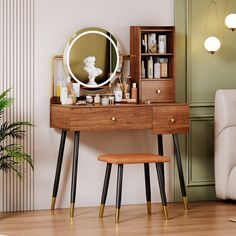 a dressing table with a mirror and stool next to it