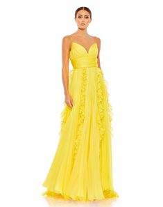 Ieena for Mac Duggal Sheer pleated chiffon overlay; 100% polyester lining Fully lined through body Sweetheart neckline Spaghetti straps Pleated bodice, skirt, and cummerbund Cascading ruffle detailing along skirt Sweeping train Concealed back zipper Approx. 62.5" from top of shoulder to bottom hem Available in Sunshine (yellow), Red, White, and Powder Blue (light blue) Style #49533 White Long Dress Formal, Flowy Gown, Designer Formal Dresses, Spaghetti Strap Prom Dress, Chiffon Overlay, Pleated Bodice, Ruched Bodice, Chiffon Material, Mac Duggal